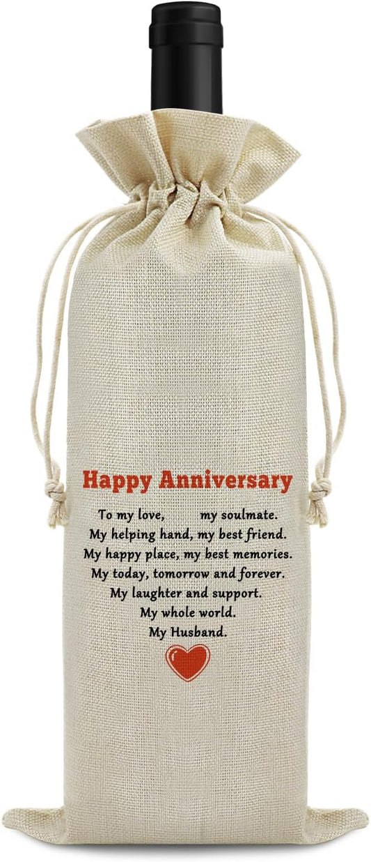 Happy Anniversary Wine Bags Friendship Anniversary for Couples Men Friends Drawstring Wine Wrapping Bag Anniversary Party Decorations Anniversary Marriage Gift for Husband Burlap Wine Gift Bag