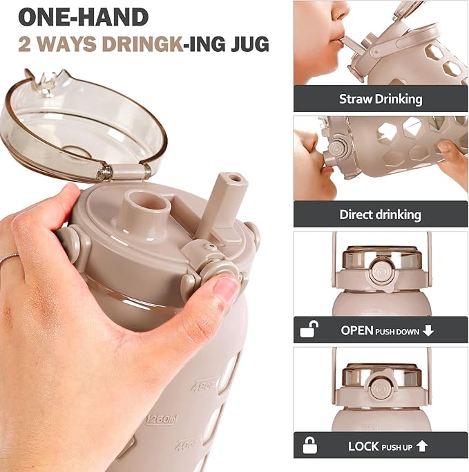 MUKOKO 56oz Glass Water Bottles with Straw and Lid,Motivational Water Jug with Time Marker Reminder and Silicone Sleeve,100% Leakproof BPA Free Fitness Sports Large Bottle-Amber