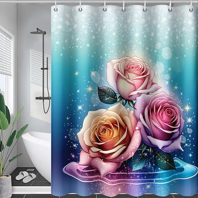 AILONEN Rose Shower Curtain for Bathroom Decor,Galaxy Pink Rose Bath Curtain Gifts for Girls Women,Modern Minimalism Curtain,Polyester Waterproof with 12 Plastic Hooks, 60" W*72" H