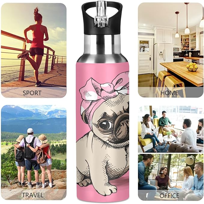 Blueangle 32 OZ Pink Headband Pug Water Bottle with Straw, Sports Water Bottle BPA Free Stainless Steel Water Jugs for Gym, Kitchen, Working, Outdoor（201）