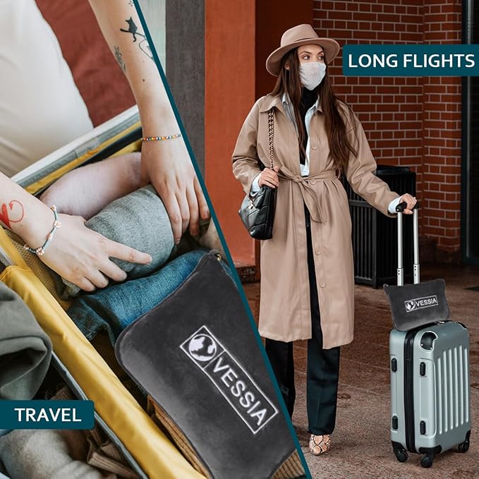Vessia Travel Blanket for Airplane, Train and Car, Warm and Soft Travel Blanket and Pillow 2 in 1 for Adults and Kids, Portable Compact Long Flight Blanket with Luggage Sleeve, Backpack Clip(Grey)