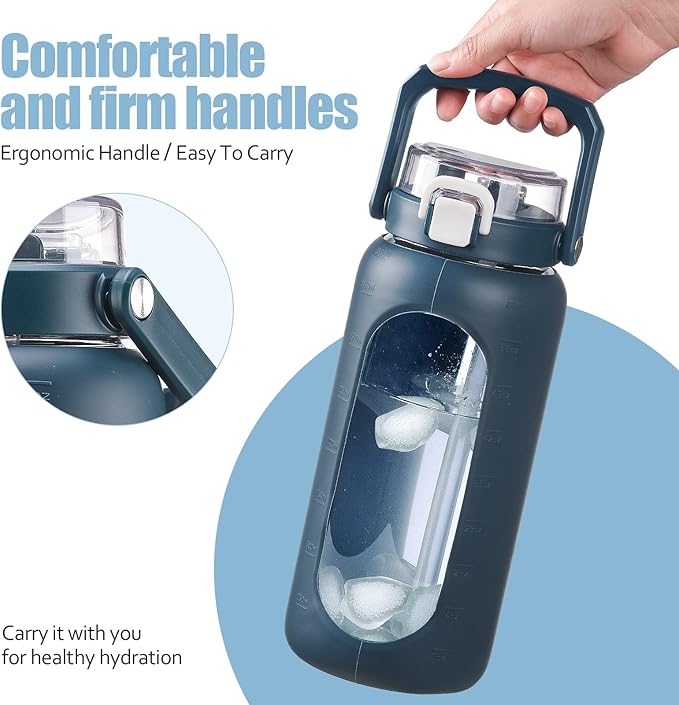 BLUEGO 64 oz Glass Water Bottle, Drinking Water Bottle with Handle and Straw, Half Gallon Motivational Water Bottle with Silicone Sleeve and Time Marker, Sports Water Bottle (Dark Blue)