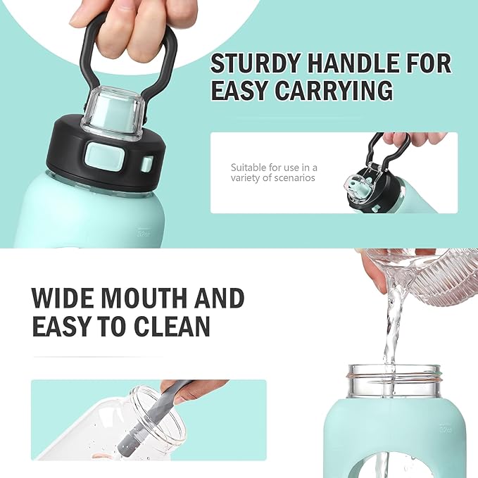 Kodrine Water Bottle With Straw and Carry Handle, Glass Water Bottle 24 oz Leak Proof Locking Lid with Soft Silicone Spout, Small Clear Water Bottle, Travel Sports Water Jug, Time Marker, Light Blue