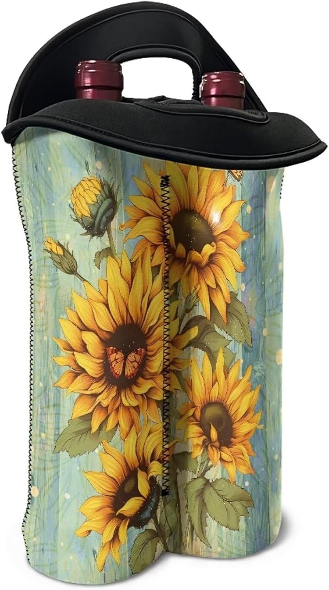 doginthehole Wood Sunflower Champagne Carrier Bag 2 Bottle Insulated Wine Tote Cooler Bag with Handle Neoprene Wine/Water Bottle Holder for Travel