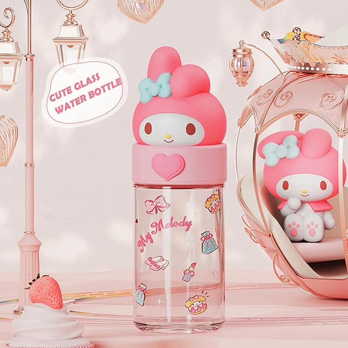 360ML/12.2OZ Cute Glass Water Bottle, Cute Portable Sports Leakproof Water Cup,Cute Glass Water Bottle for School, Camping,Traveling,Office,Car,Girls(Pink)
