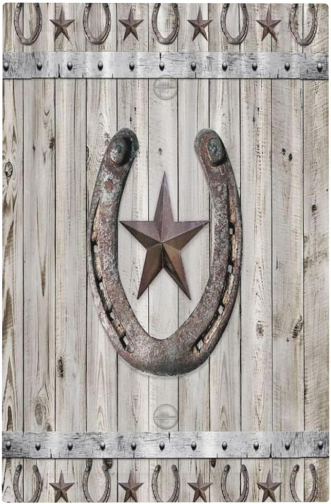 Rustic Western Wood Barn Door Horseshoe Iron Star 1 Gang Light Switch Covers No Device Wall Plate Decorative Blank Switchplate Electrical Faceplate for Farmhouse Country Bedroom Decor