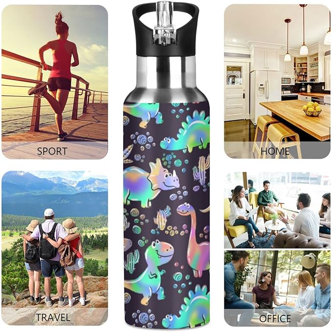 senya 34 Oz Water Bottle with Straw Rainbow Dinosaurs Stainless Steel Water Bottle for Traveling Sports Leakproof Insulated Water Bottle