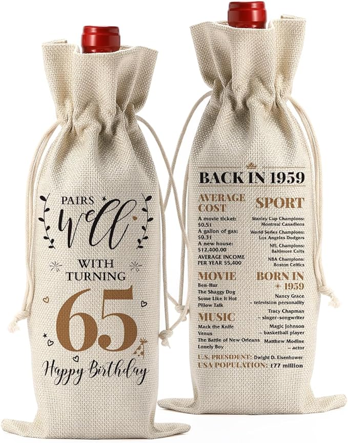 65th Birthday Gifts for Women Men, Vintage 65th Birthday Decorations, Gifts for 65 Year Old Mom Dad Wife Grandparents Friends Sister, Happy 1959 65th Anniversary Wine Bag?Wine Gifts Wine Gift Bag