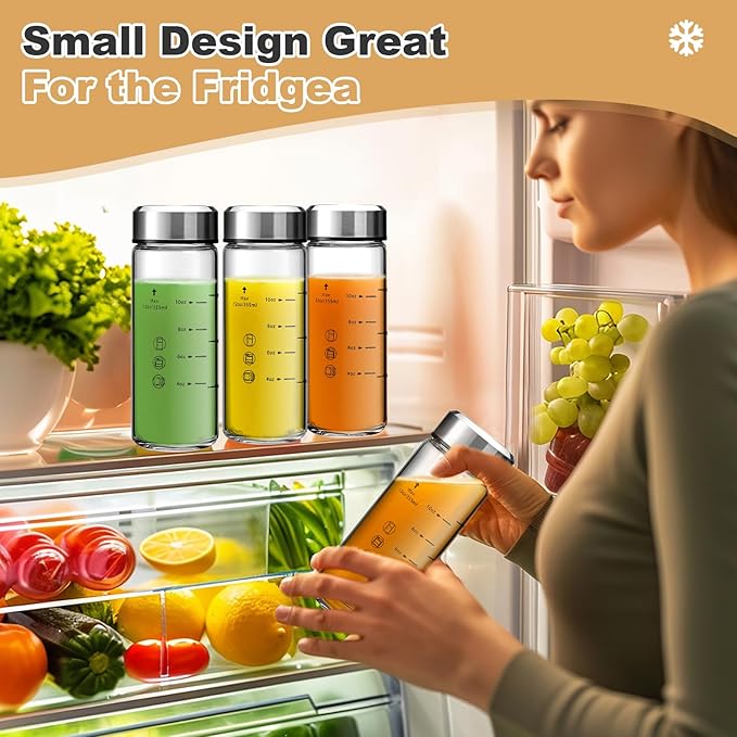 SIEROZUR Juice Bottles - 6 Pack Wide Mouth Glass Bottles with Lids - for Juicing, Smoothies, Infused Water, Beverage Storage - 12oz, BPA Free, Stainless Steel Lids, Leakproof, Reusable, Borosilicate