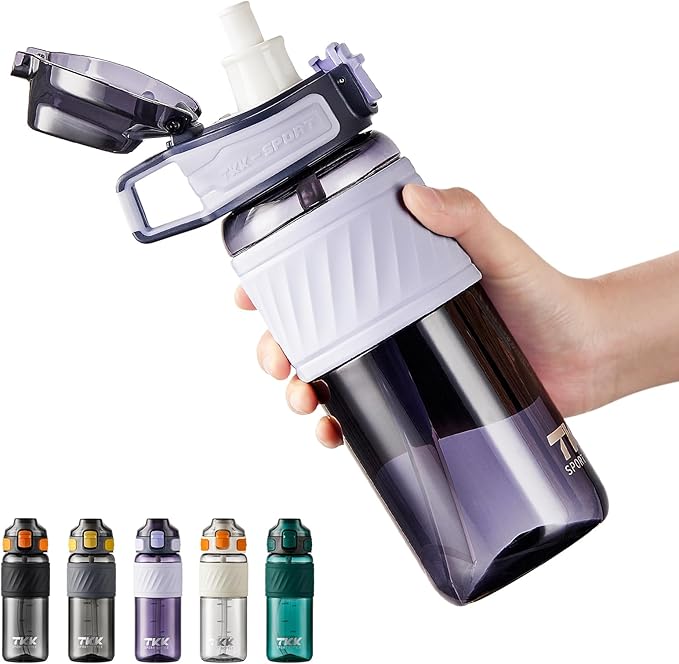 TKK 20oz Sports Water Bottles with Removable Straw Durable BPA Free Tritan Bottles Leak-Proof Water Bottles for School, Fitness, Gym, Outdoor, Purple