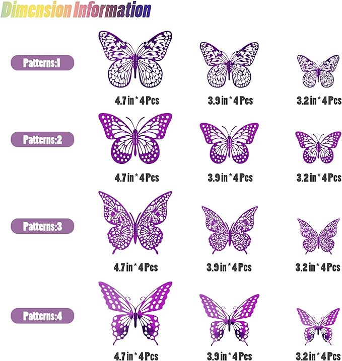 SAOROPEB 3D Butterfly Wall Decor 48 Pcs 4 Styles 3 Sizes, Purple Butterfly Decorations for Birthday Decorations Butterfly Party Decorations Cake Decorations, Removable Stickers (Purple)
