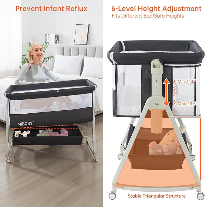 Multifunctional 3-in-1 Baby Bassinet for Bedside Sleep, Nursing & Rocking - Adjustable Height, Breathable Mesh, Portable Design with Mosquito Net, Safe & Supports Independent Sleep (Black)