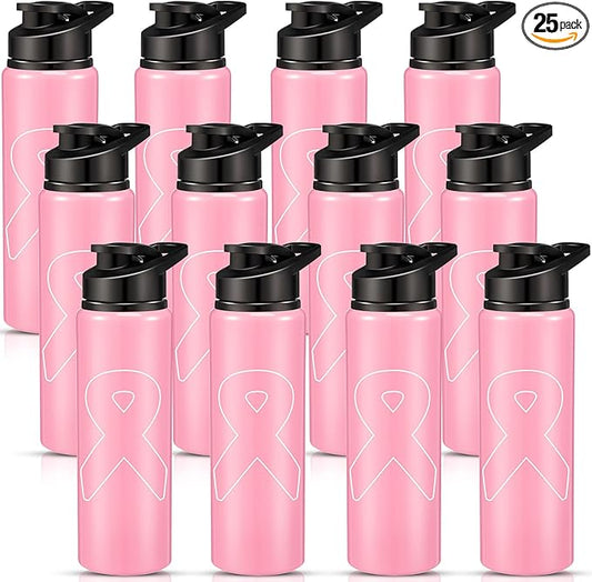 12 Pieces Breast Cancer Awareness Gifts Aluminum Water Bottles Pink Ribbon Breast Cancer Gift for Women Leak Proof Lightweight Portable Bottles for Marathon Running (Stylish Style,25 oz)