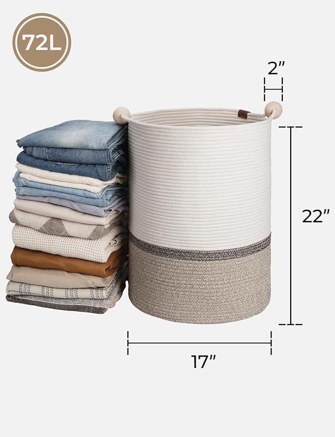 StorageWorks 72L Cotton Rope Laundry Basket with Wooden Beads Handles, Woven Basket for Storage, Dirty Clothes, Kids Toys, Towels, White & Light Brown