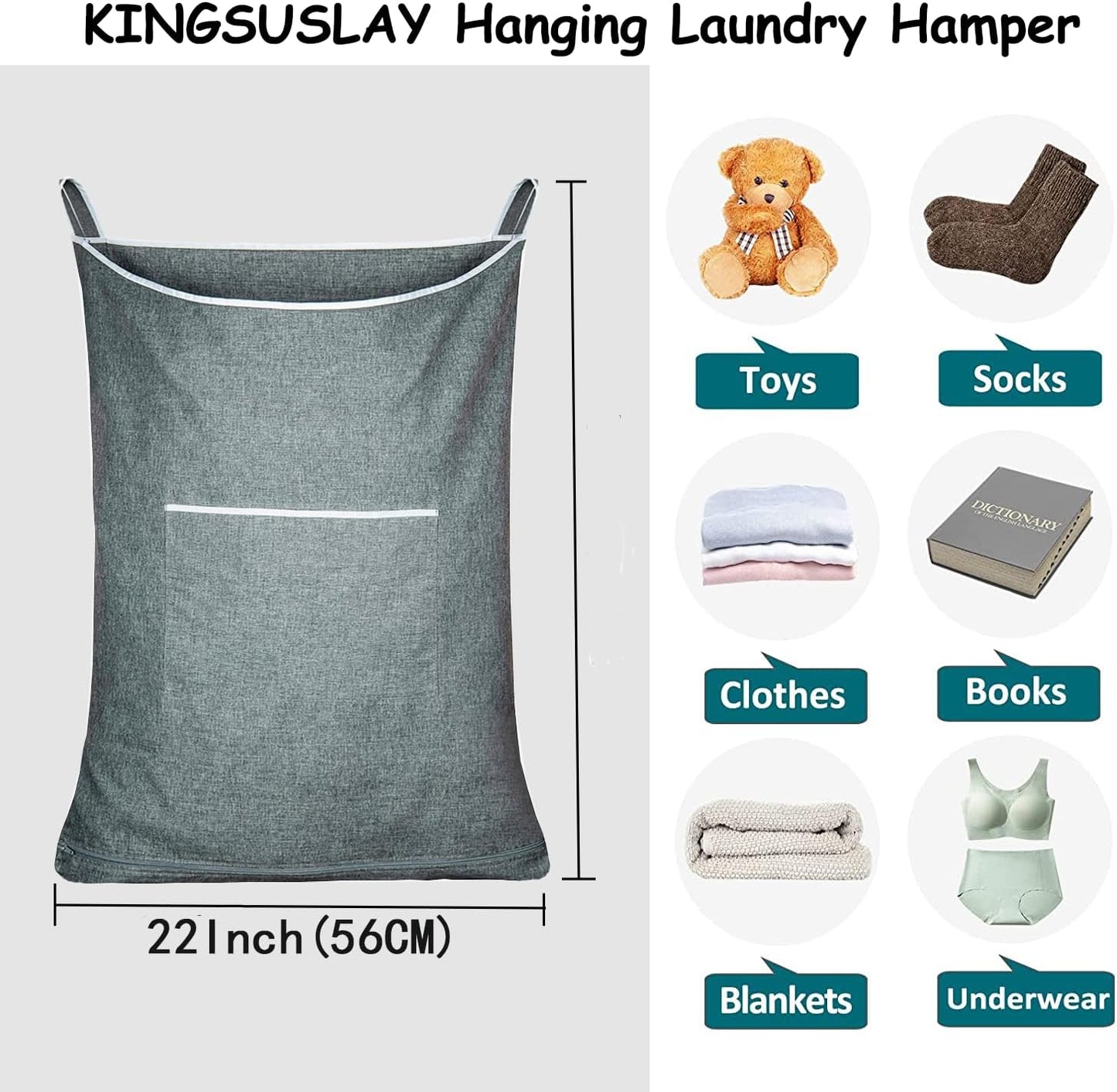 XL Large Hanging Laundry Hamper, Over the Door Laundry Bag with Zipper and Wide Open Top,Hanging Hamper for Storage Laundry, Clothes, Toys,36x 22 Inch, Heather Grey 2Pack.