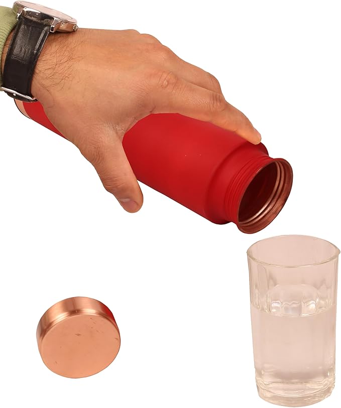 Pure Copper Water Bottle - Handcrafted - Ayurveda Health Benefits - 33 OZ - Leak proof - Easy to carry for Sports, Fitness, Yoga, School - Red Color Matte Finish Vintage Enamel.