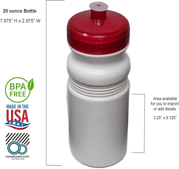 Rolling Sands 20 Ounce Sports Water Bottles 24 Pack, BPA-Free, Made in USA, Dishwasher Safe, White Bottles/Variety