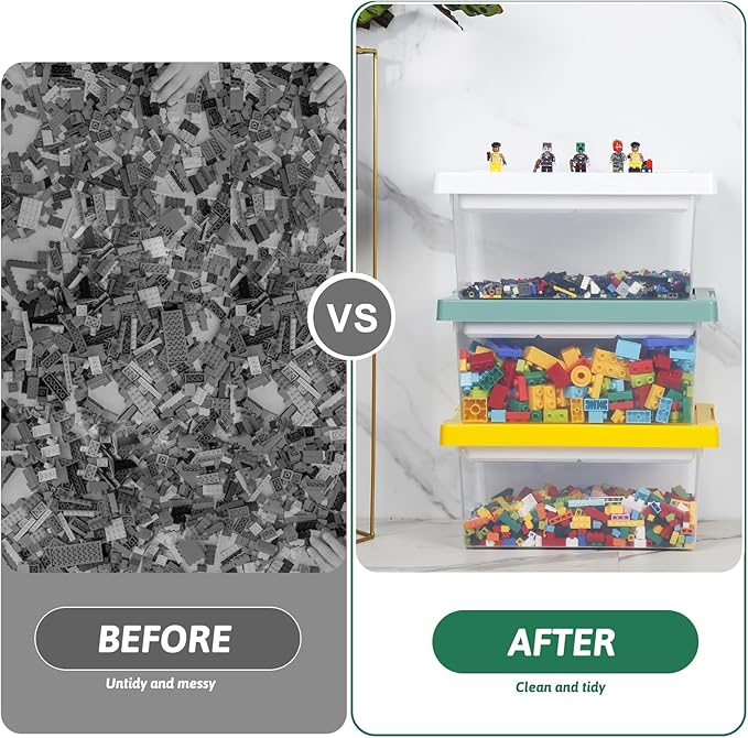 loobuu Plastic Storage Bins with Lids - 3 Set Stackable Arts Crafts Organizer Box with Removable Divided Tray & Compatible Building Baseplate, Toy Chest Containers for Bricks (14.37"x9.64"x6.69")