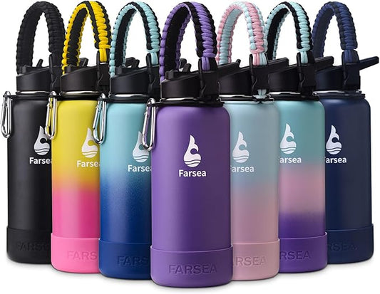 Farsea Insulated Water Bottle With Paracord Handle, Protective Boot and 2 Lids (Straw Lid & Spout Lid), Stainless Steel Water Bottle Wide Mouth, Double Wall Sweat-Proof BPA-Free, 32 oz