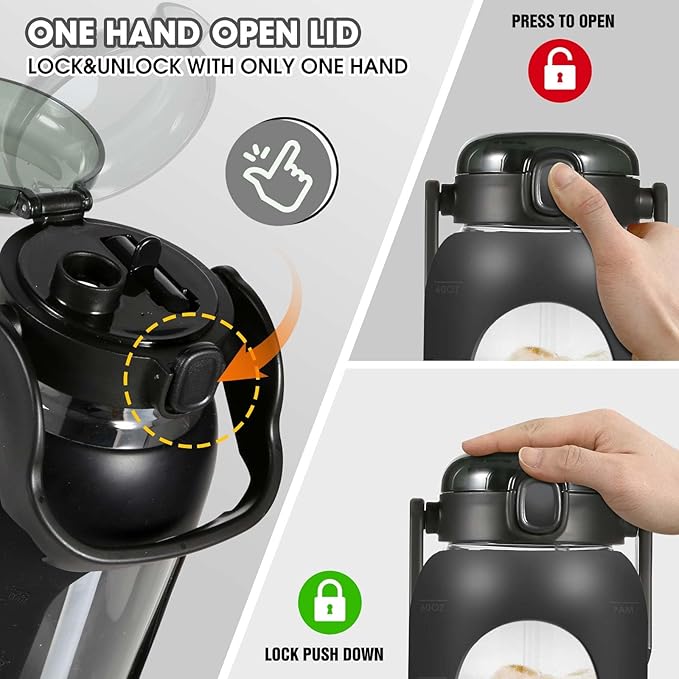 Glass Water Bottles 64 oz - Half Gallon Water Bottle with Straw Phone Holder Handle Time Marker and Silicone Sleeve, Large Motivational Water Jug with Carrier Bag for Daily Intake Gym Black