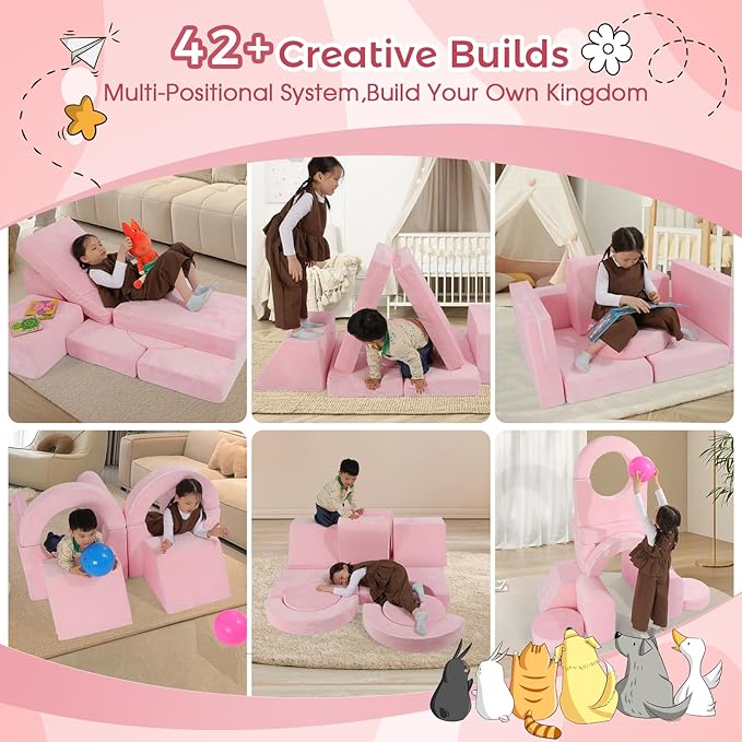 Modular Kids Sofa Play Couch, 12-Piece Kids Couch Sectional Sofa for Playroom Fort Buliding, 3S Instant Rebound and Fully Expand, Versatile Kids Play Couch for Toddler to Teen
