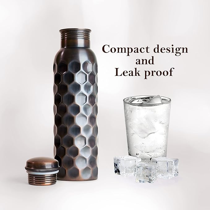 Eunoia Copper Water Bottle with Lid 32 oz, Handmade Ayurvedic Copper Bottle Water Vessel, Gym Water Bottle for Sports Exercise Yoga Fitness, Diamond Antique