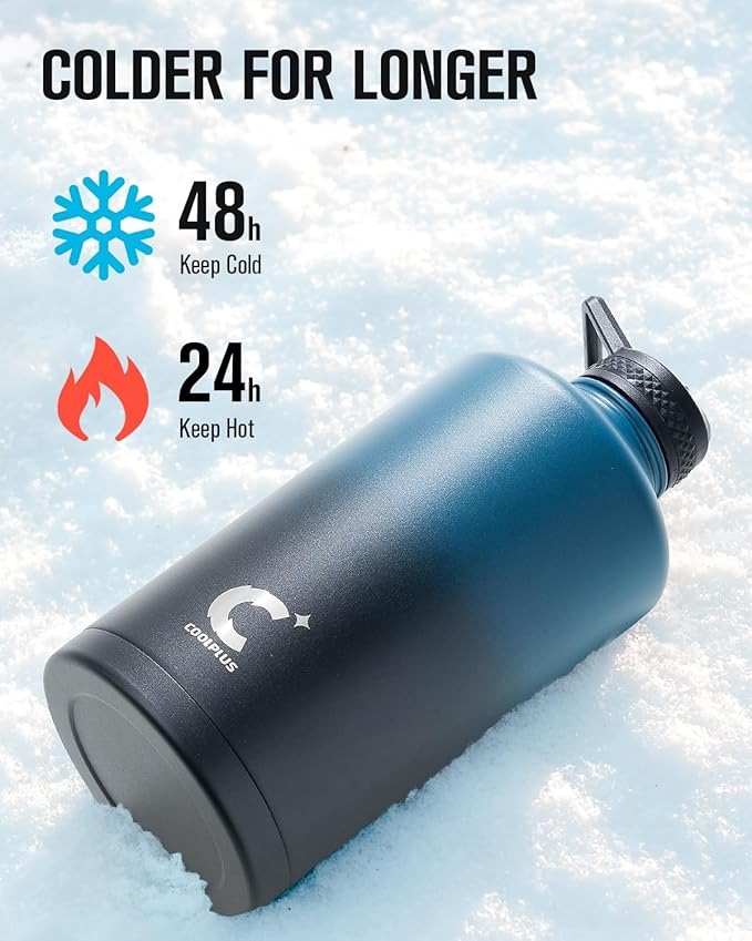 Coolplus Gallon Water bottle insulated with straw, Water Jug 128 oz Stainless Steel Double-Walled Vacuum Metal Large Flask With Carry Sleeve Bpa-Free Leakproof, Keep Cold 48 Hrs, Blue Black