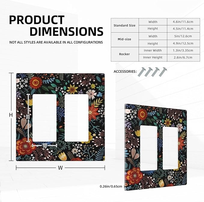 Vintage Colorful Flower Boho Floral Rustic Dark Leaves 2 Gang Rocker Decora Light Switch Covers Dual Outlet Covers Wall Plate Decorative Switchplate Electrical Faceplate GFCI for Farmhouse Bedroom