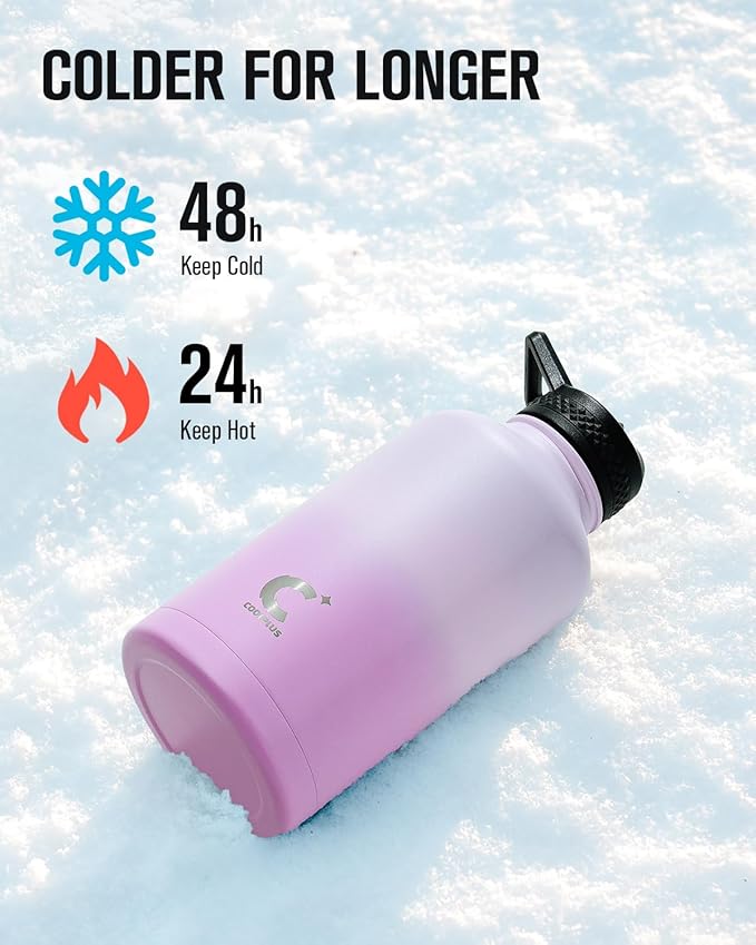 Coolplus Half Gallon Water Bottle With Straw Lid, 64 oz Insulated Stainless Steel Water Jug Metal Double-Walled Vacuum Large Flask With Carry Sleeve Leakproof, Keep Cold 48 Hrs Hot 24hrs, Purple
