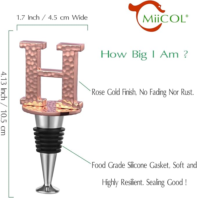 Miicol Wine Stopper, Prosecco Stopper, Wine Bottle Stopper, Personalised Champagne Stopper, Rose Gold Wine Accessories, Wine Lovers Gift, Monogram Gift, Letter H