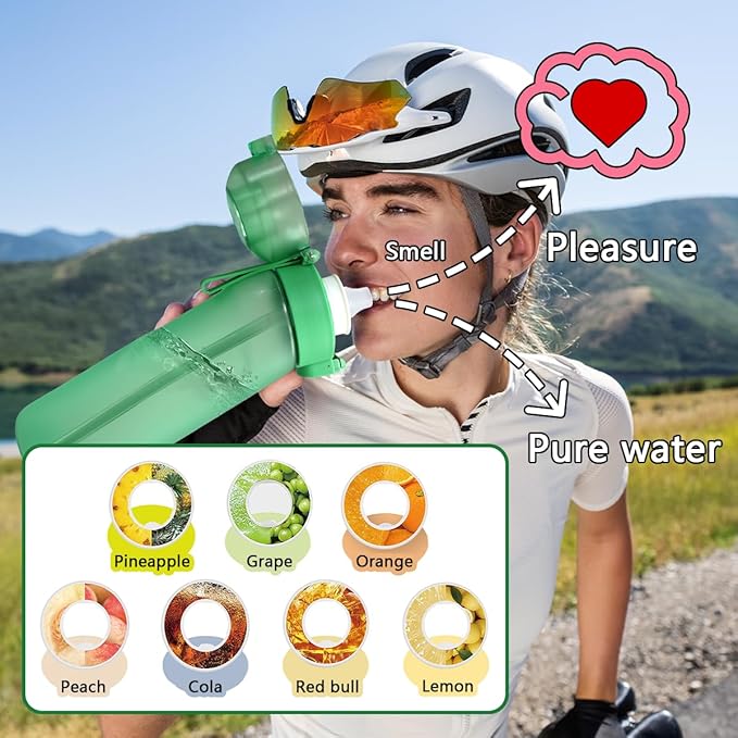 Water Bottle with Flavor Pods 21.9 Oz/650ml Fruit Fragrance Water Bottle Recyclable Sports Air Water Cup Scented Pods for Outdoor (Green)