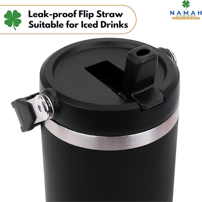 Tumbler with Handle & Extra Cloud LID – 30oz/900ml, Premium 304 Stainless Steel, Insulated Water Bottle, Leak-Proof, Steel Straw, Teddy Straw Cap, Cleaning Brush & Carabiner Hook (Charcoal Black)