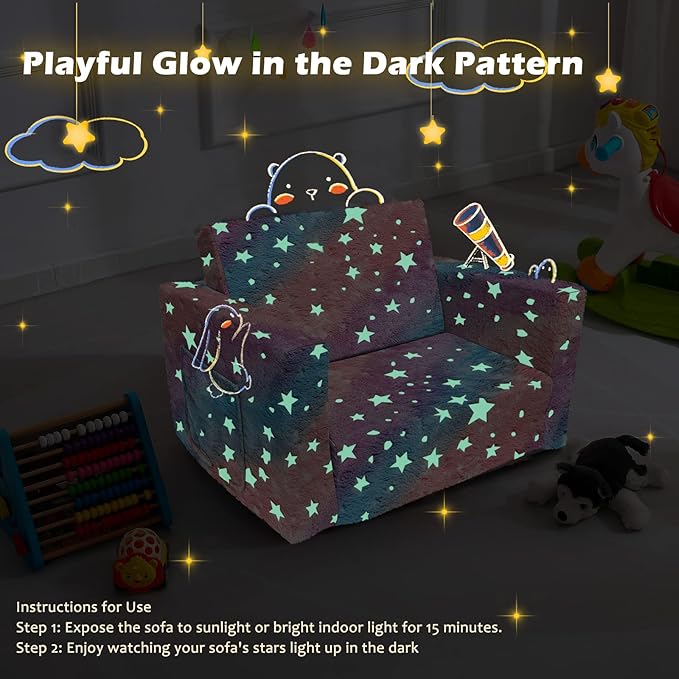 Kids Sofa, Glow in The Dark Toddler Chairs Children's 2 in 1 Convertible Sofa to Lounger - Extra Soft Flip Open Chair & Sleeper, Toddler Couch Chair, Sofa Bed for Boys Girls