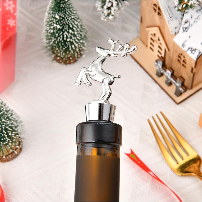 Christmas Wine Bottle Stoppers 5-Packs - Wine Saver Zinc Alloy Silicone, Reusable Leak Proof Keep Fresh Wine Corks, for Gifts, Bar, Holiday, Party, Wedding, Camping for Standard Bottle （Deer）