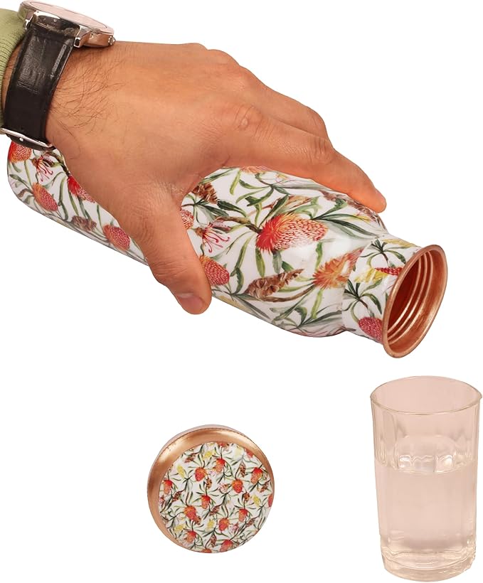 Pure Copper Water Bottle - Handcrafted - Ayurveda Health Benefits -Fruits Prints 35 OZ - Leak proof - Easy to carry For Sports, Fitness, Yoga, School - Vintage Enamel.