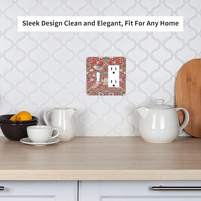 William Morris Strawberry Thief Botanical Red Green 2 Gang Single Toggle Rocker Combination Light Switch Covers Wall Plate Cover Electrical Faceplate Decorative Switchplate for Country Bedroom