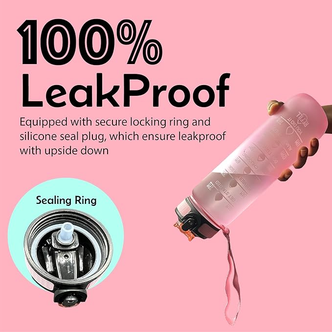 Yaa Fresh Water Bottles, 32oz Motivational Sports Water Bottle with Time Marker-Times to Drink-Tritan, BPA Free, Leakproof water bottle (1 Pack) (Pink), 1101-1