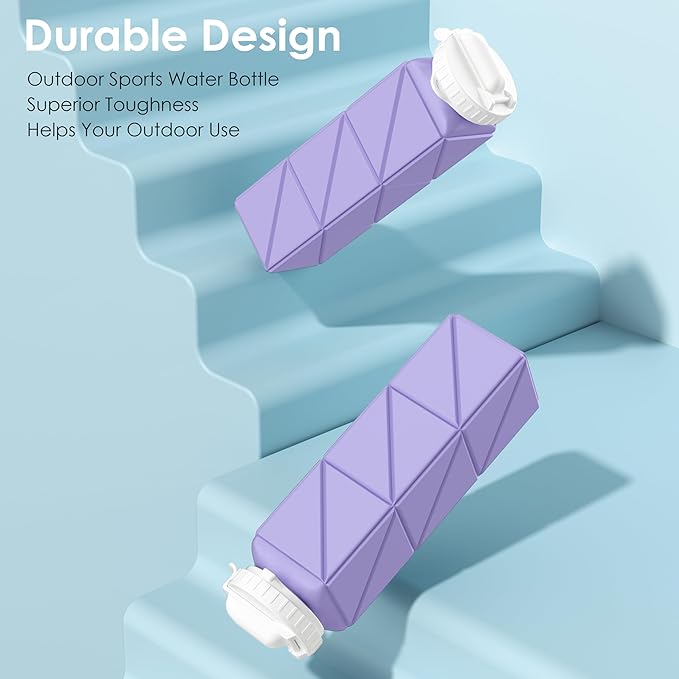 Collapsible Water Bottles 20.7oz Leakproof with Straw Lid Food-Grade BPA-Free Silicone Travel Foldable Water Bottles for Sports Office Gym Hiking Driving 610ML (Type2 Light Purple)