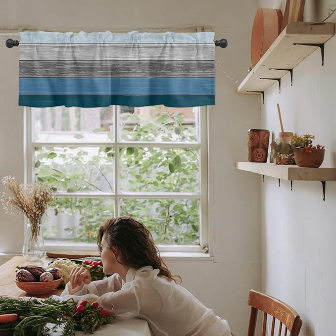 Farmhouse Kitchen Curtains Valances for Windows ,Blue Gray Ocean Hues Rod Pocket Country Window Treatment for Kitchen /Living Room/Bedroom/ Bathroom,60" X 18" -1 Panel, Retro Rustic Barn Wood Texture