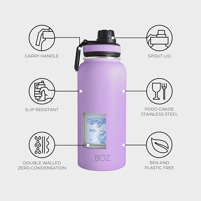 BOZ Stainless Steel Water Bottle - Vaccum Insulated Water Bottle 32 Oz - Wide Mouth BPA Free Sport Water Bottle for Gym with Spout Lid - Thermal Hot & Cold 1 Litre Lavender Water Bottle