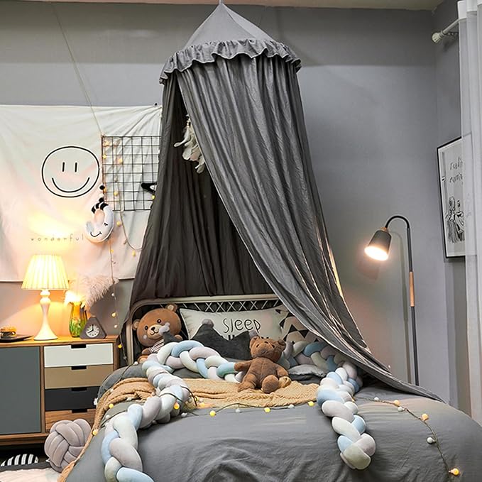 Upgrade Version of Canopy for Kids Bed, Extra Large Canopy for Girls Room Decoration Princess Castle Play Tent Hanging House, Dreamy Canopy for Children Room Reading Nook Canopies (Gray Ruffle)