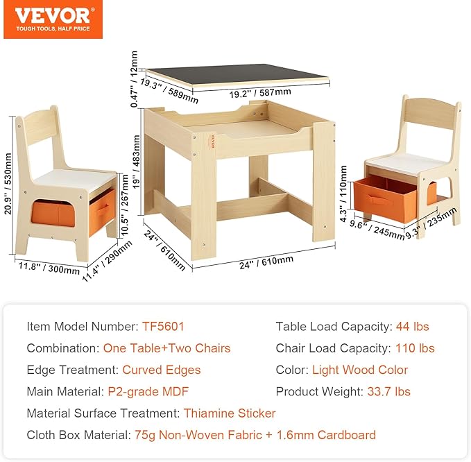 VEVOR Kids Table and Chair Set, 3 in 1 Wooden Activity Table with Storage Space and Boxes, Detachable Tabletop Kids Play Table for Toddlers Art, Craft, Reading, Learning