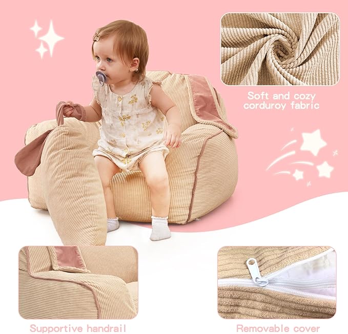 Rabbit Toddler Sofa, Toddler Bean Bag Chair with Carrot Pillow, Corduroy Kids Armchair, Comfortable Toddler Chair for Boys and Girls