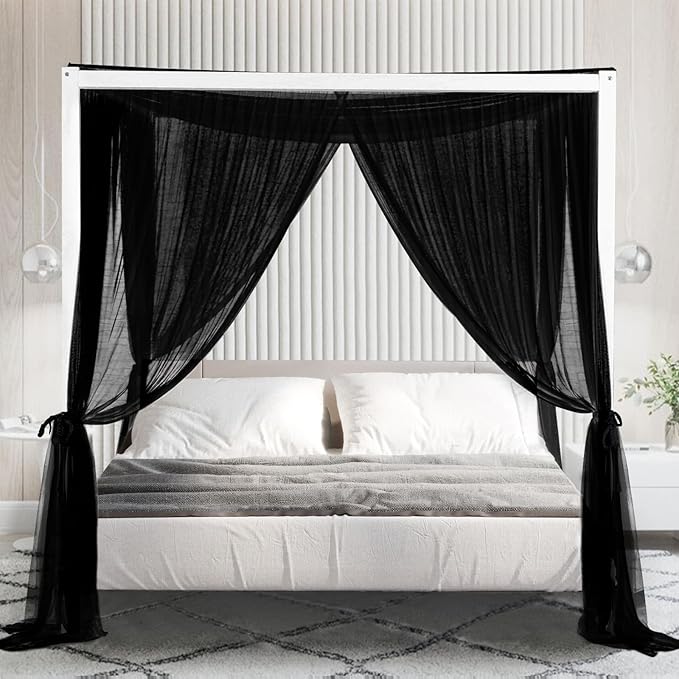 South to East Black Canopy Bed Curtains, 4 Corner Post Bed Canopy for Girls & Adults, Top Luxurious Bed Drapes for Bedroom Decoration, 4 Openings, 100% Ripstop Polyester, Easy Install, King/Queen Size