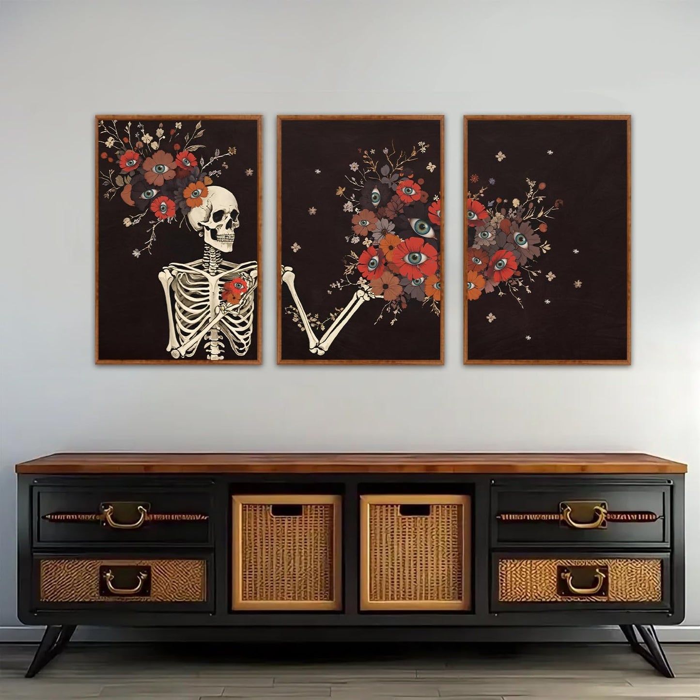 KAIRNE Gothic Skull Wall Art,Halloween Skeleton Canvas Set of 3(16”x24”),Scary Skull Painting,Horror Floral Botanical Prints,Romantic Spooky Halloween Wall Art for Living Room Bedroom Goth Party Decor