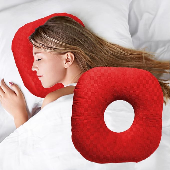Ear Piercing Pillow for Side Sleepers, Pillow with an Ear Hole for CNH and Ear Pain Ear Inflammation Pressure Sores, O-Shaped Side Sleeping Pillow, Ear Guard Pillow (True Red)