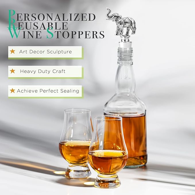 Homestia Wine Bottle Stoppers for Glass Bottles, Elephant Bottle Stopper Reusable Wine Corks Wine Tool, Zinc-Alloy Silicone Wine Stoppers, Wine Toppers with Decors