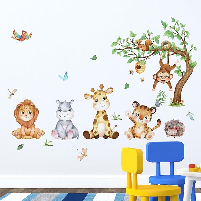 Woodland Animals Wall Decals Tiger Zebra Lion Wall Stickers, Removable Kids Toddler Jungle Safari Wall Murals Peel and Stick Wall Art Decor Wallpaper for Bedroom Nursery Playroom