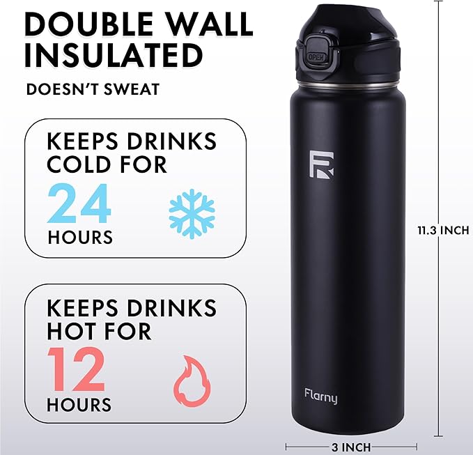 32 oz Insulated Water Bottle with Straw, Stainless Steel Metal Thermos Bottles, Durable Non-Slip Gradient Bottle with Strap for Sports and Travel, Leak Proof (Black Matte)