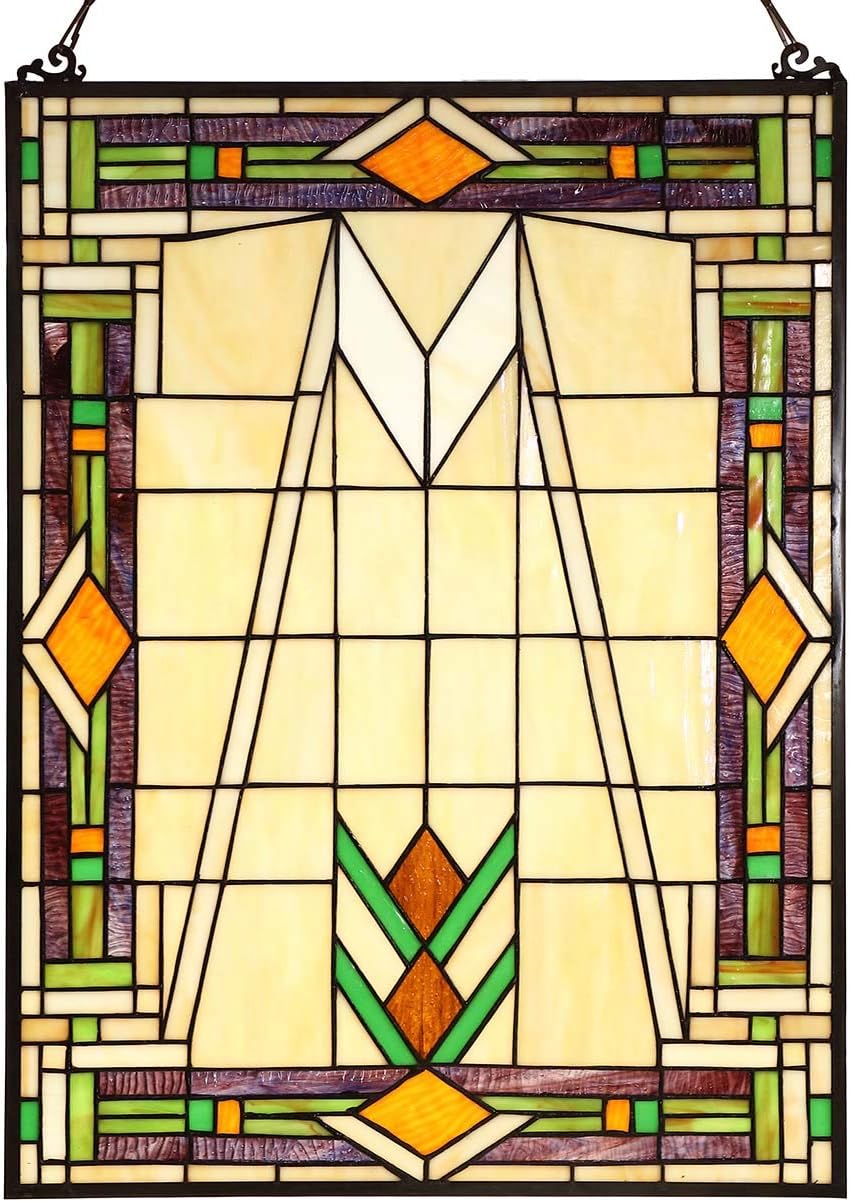 Bieye W10029 Mission Tiffany Style Stained Glass Window Panel Hangings with Chain, 18" W x 25" H